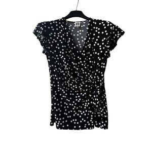 Anne Klein Polka Dot Faux Wrap Top Black White Flutter Sleeve M